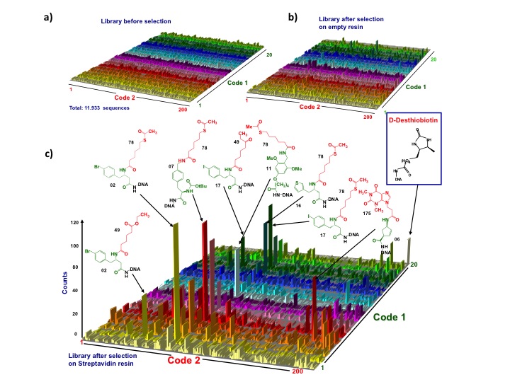 high-throughput sequencing dcoding of a DNA-conjugate library (a-c) Plots 