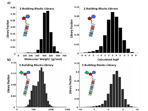 Molecular weight and logP distribution of two different DNA-conjugate libraries
